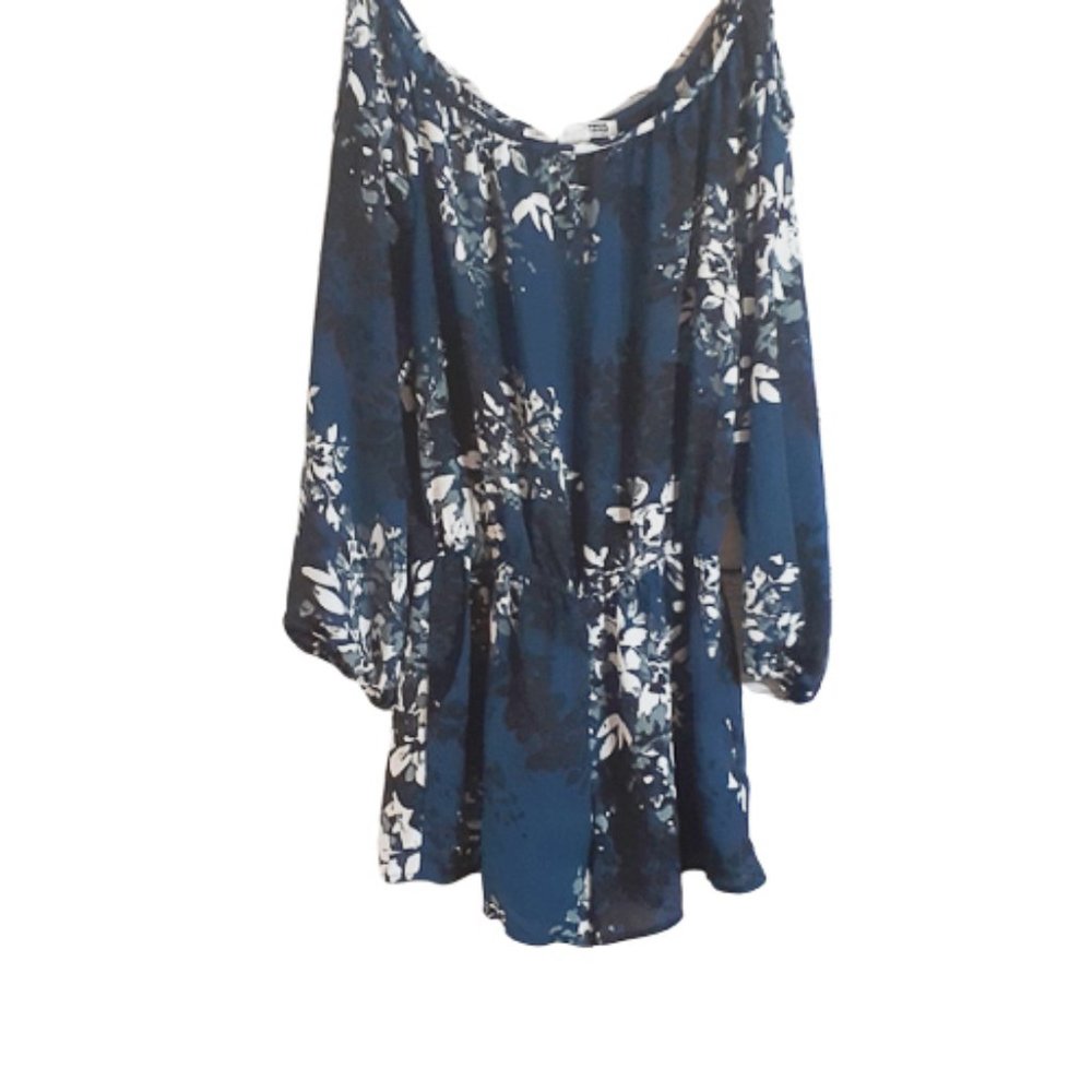 Vintage floral cold shoulder romper blue pockets